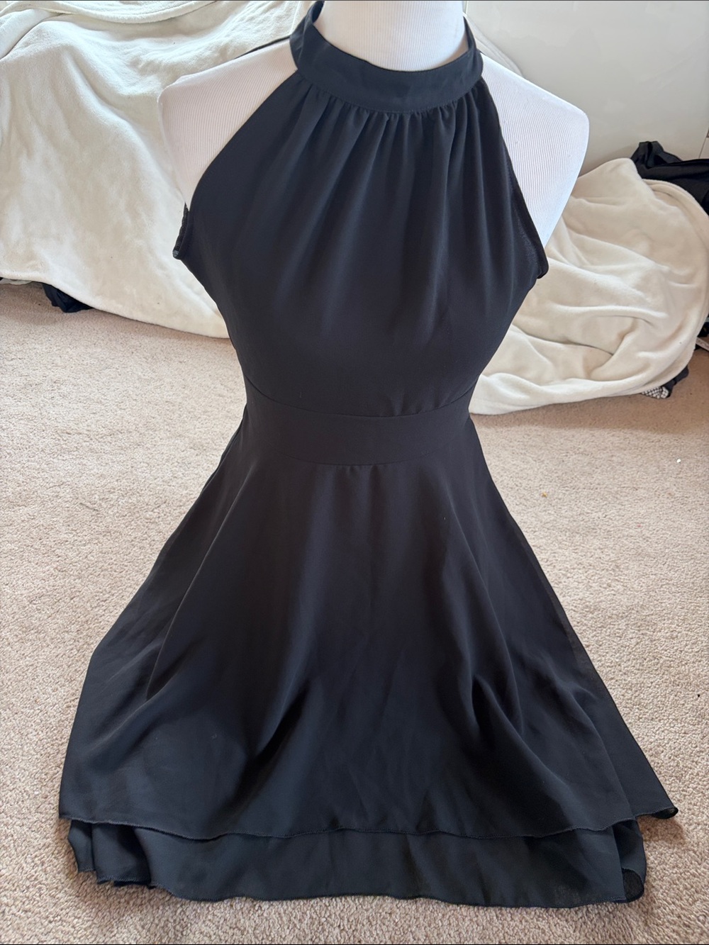 Amazing Black Dress with Open Back & Sleeveless High Neck Design .